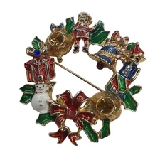 1970s Christmas Wreath Brooch Pendant Scarf Pin Rhinestone Enamel AVON Snowman