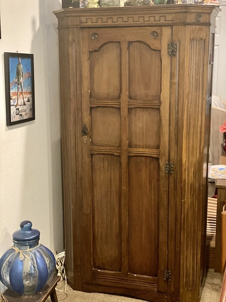 Antique Vtg Art Deco Single Door Wardrobe Closet w/Shelf & Small Vanity Mirror - Image 2 of 3