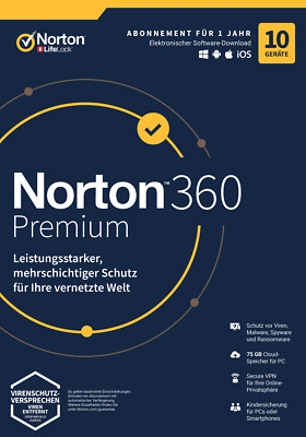 NORTON 360 PREMIUM 10-Geräte / 1-Jahr Internet Security (2026) - KEIN ABO / KEY