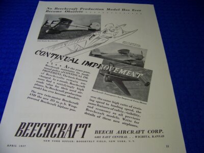 1937 BEECHCRAFT STAGGERWING ''CONTINUAL IMPROVEMENT..'' 1-PAGE SALES AD (872FF)