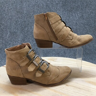 SO Boots Womens 6.5 M Stage Ankle Booties Beige Suede Zip Buckle Block Heels