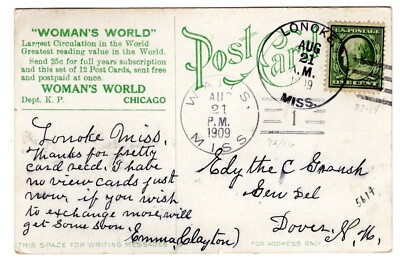 Lonoke MS to Dover NH via Watts MS Doane (1892-16 Marshall) R-4 on Postcard 1909