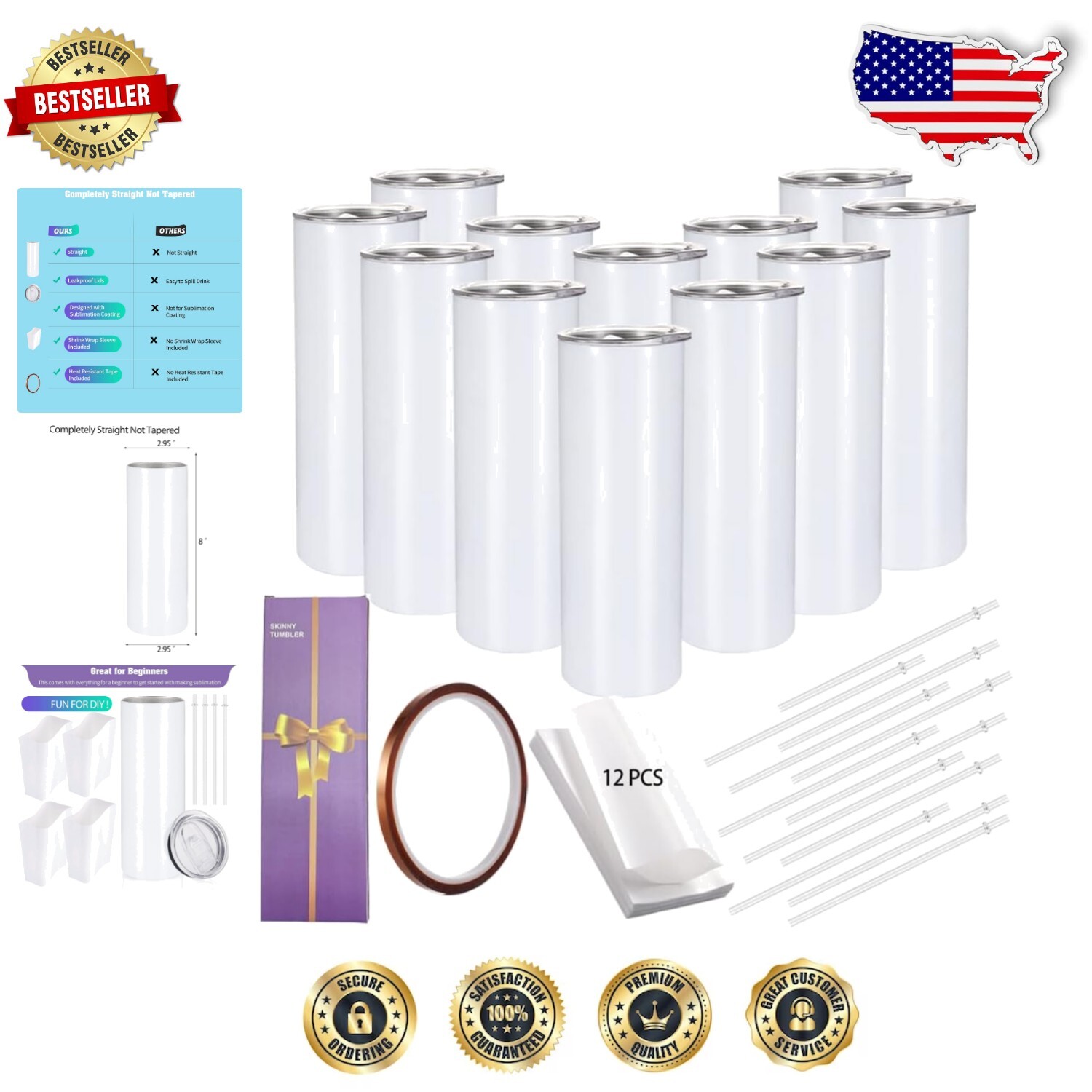 Solid White Skinny Tumblers - 12 Pack 20oz Sublimation & Insulation Gift Set