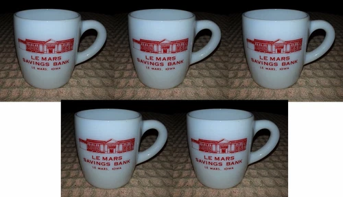 Set of 5 Vintage Advertsing Milk Glass LeMars SAVINGS BANK Coffee Mugs in IOWA