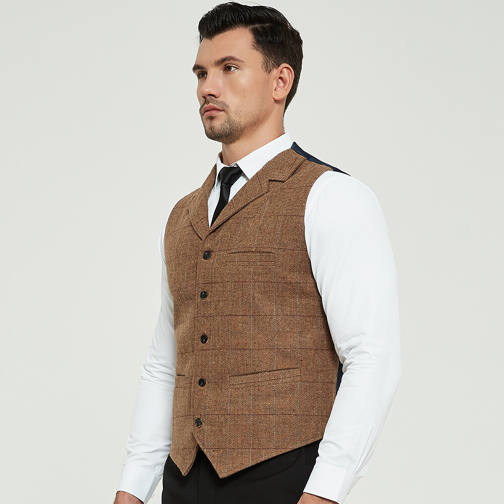 Men Wool Blend Herringbone Retro Tweed Waistcoat Plaid Slim Fit Formal Suit Vest