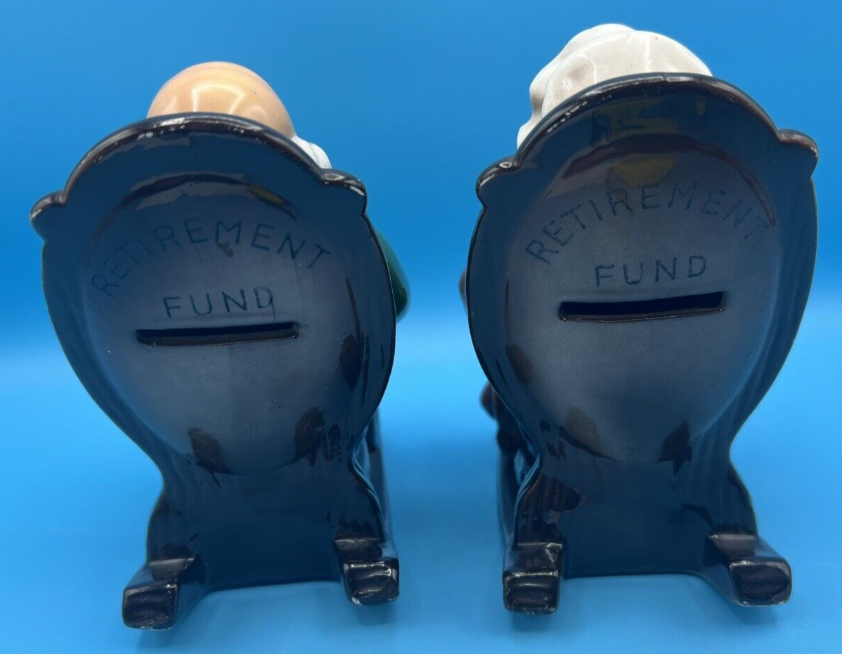 Vtg Pair Lefton Japan Old Couple Retirement Fund Bank Rocking