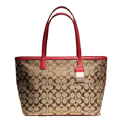 バッグ COACH F30655 Signature Red Leather Tote Coach Signature Stitch Patent Leather Red Kiss lock Tote