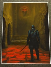 Dark Knight Staring at Fiery Skull and Steps in Abandoned Dungeon Poster 18x24in
