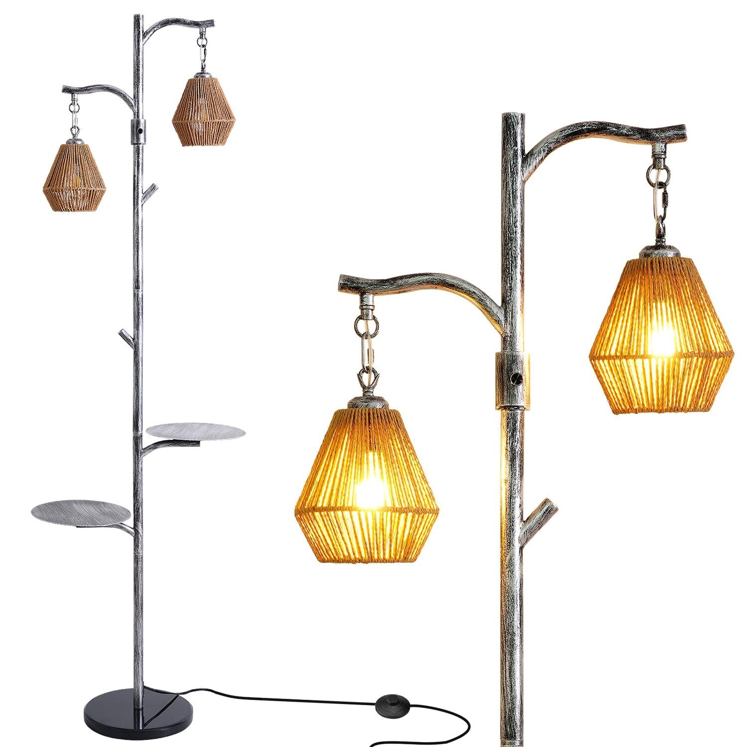 Hsyile Arc Floor Lamp with Cage Shade,Rattan&Fabric Boho Floor Lamps for Livi...