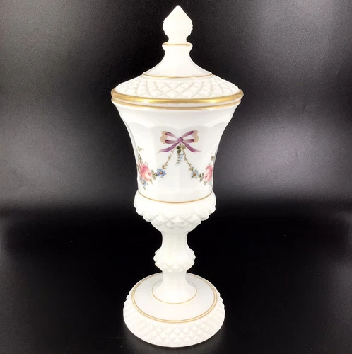 Vintage Westmoreland Candy Jar Urn With Lid Milk Glass Hand Painted 002