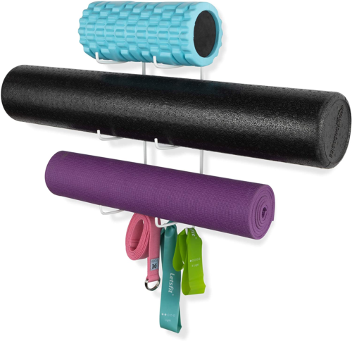 Guru Wall Mount Yoga Mat Foam Roller and Towel Rack with 3 Hooks for Hanging Yog - Picture 1 of 7