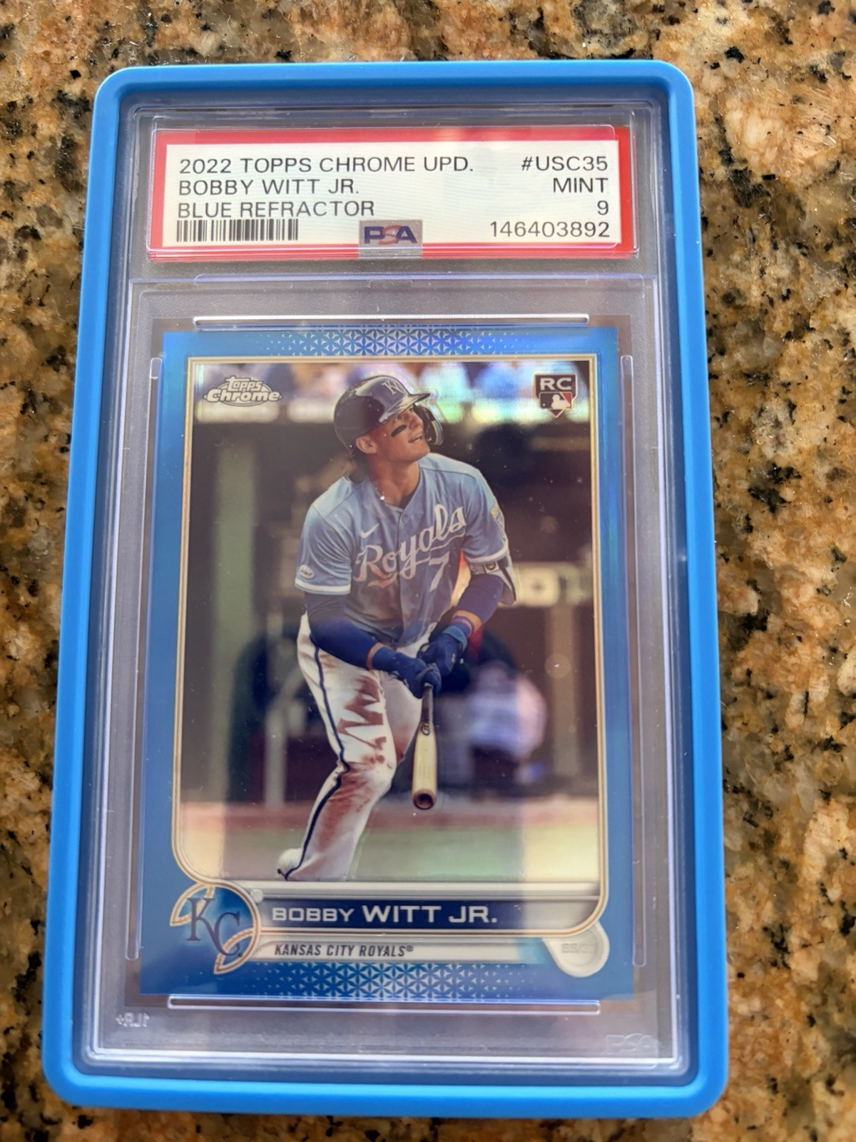 BOBBY WITT JR. 2022 TOPPS CHROME UPDATE #USC35 RC BLUE REFRACTOR RC /199 PSA 9