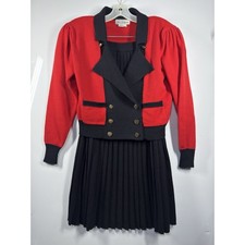 Vintage 80s Saks Fifth Avenue Lambswool Knit 2pc Red Black Skirt Jacket Set Sz 4