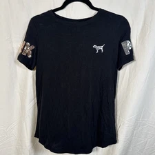 Victoria’s Secret PINK Black Tee Shirt Sequin Dog Logo Sleeves Bling Sz XS