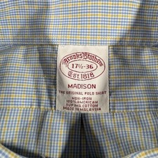 Brooks Brothers Dress Shirt Mens 17.5 36 Blue Plaid Madison Non Iron Supima