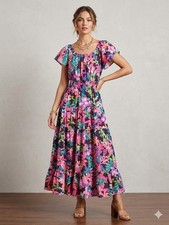 Lilly Pulitzer Pink Floral Off Shoulder Maxi Dress Smocked Waist Ruffle Hem SM
