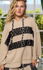 POL Lace Tan Black Waffle Knit  Hoodie Top Large. New