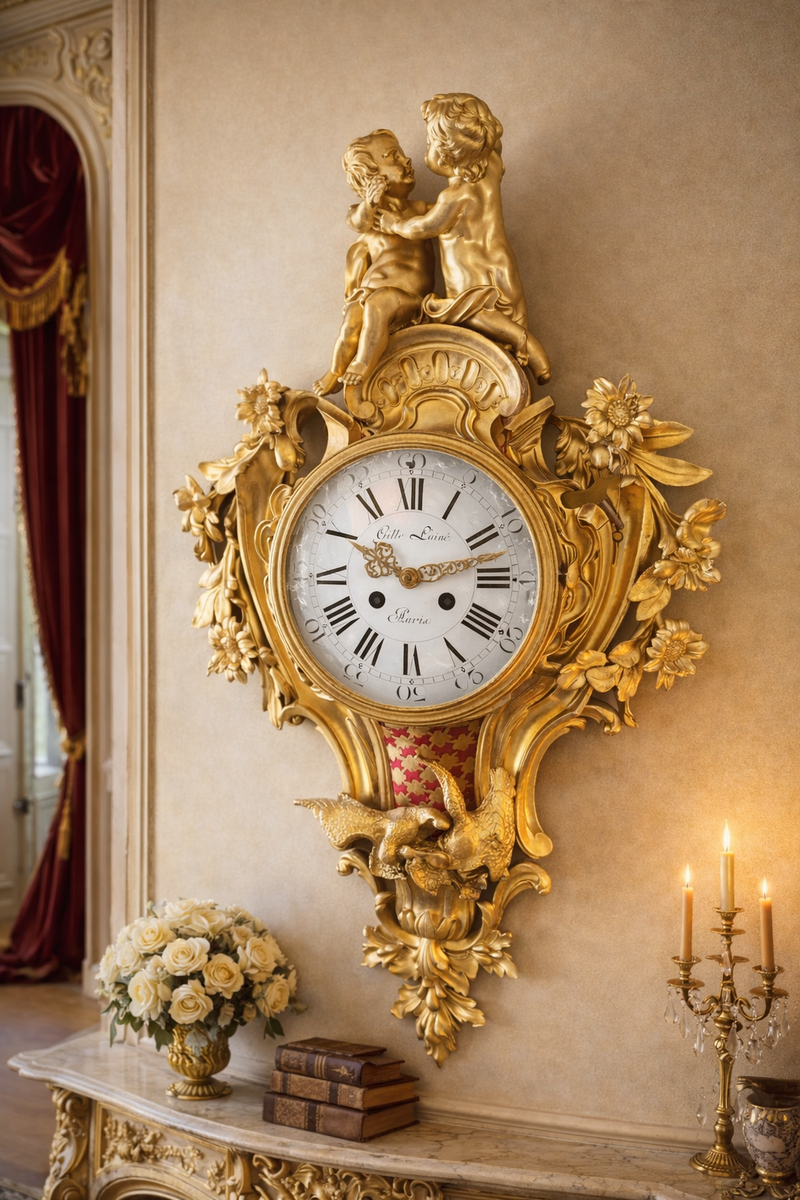 Clock XL French Louis XV Cartel Gilt Bronze Wall S. Marti Antique