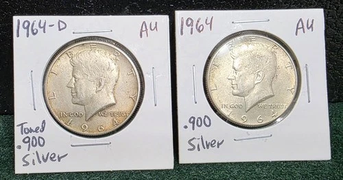Lot of Two (2) 1964 Kennedy Half Dollars, NICE Toning, AU Condition, 90% Silver