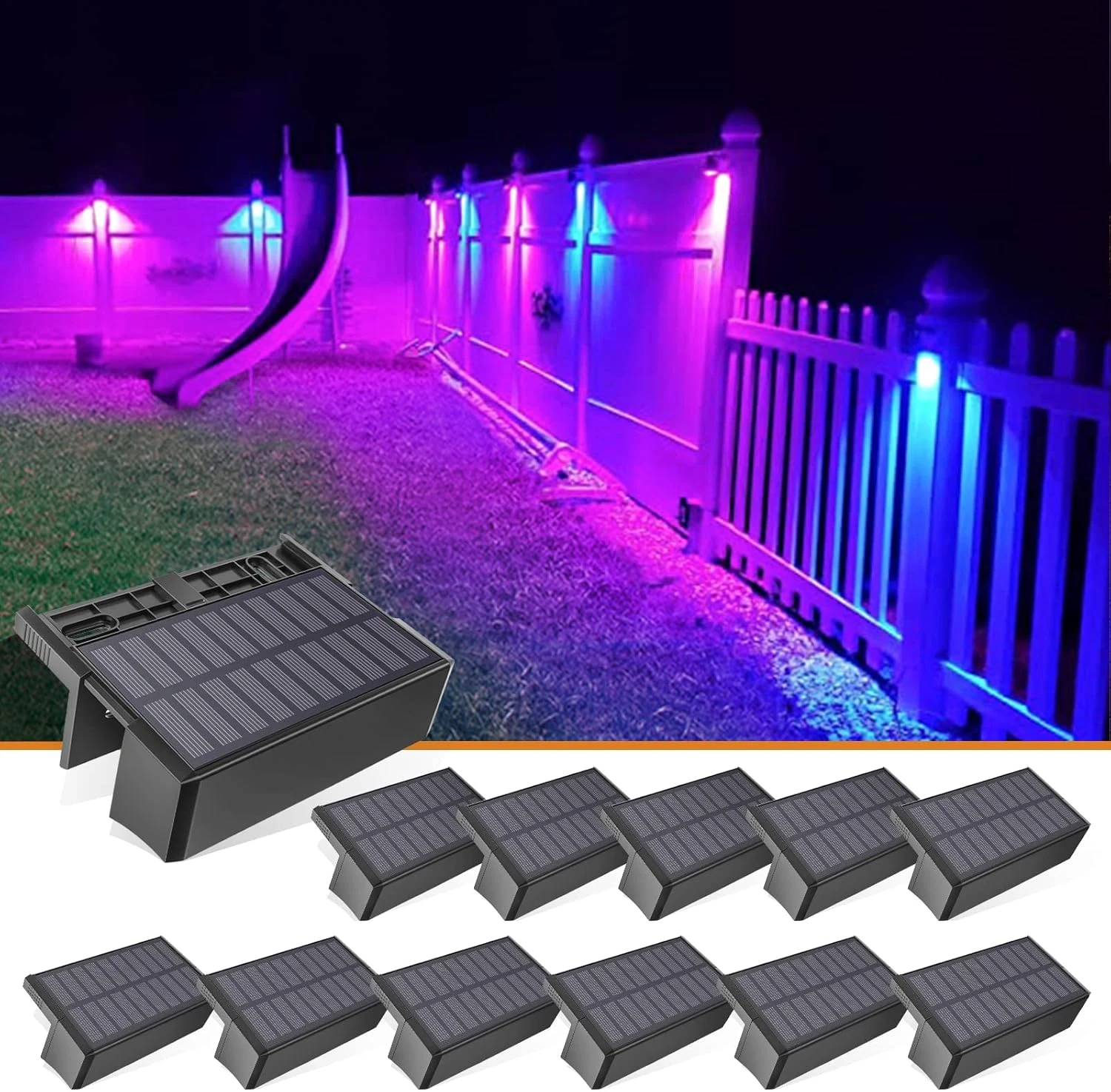 12-Pack 1800Mah Outdoor Solar Fence Lights - Waterproof LED Color Glow for Step,