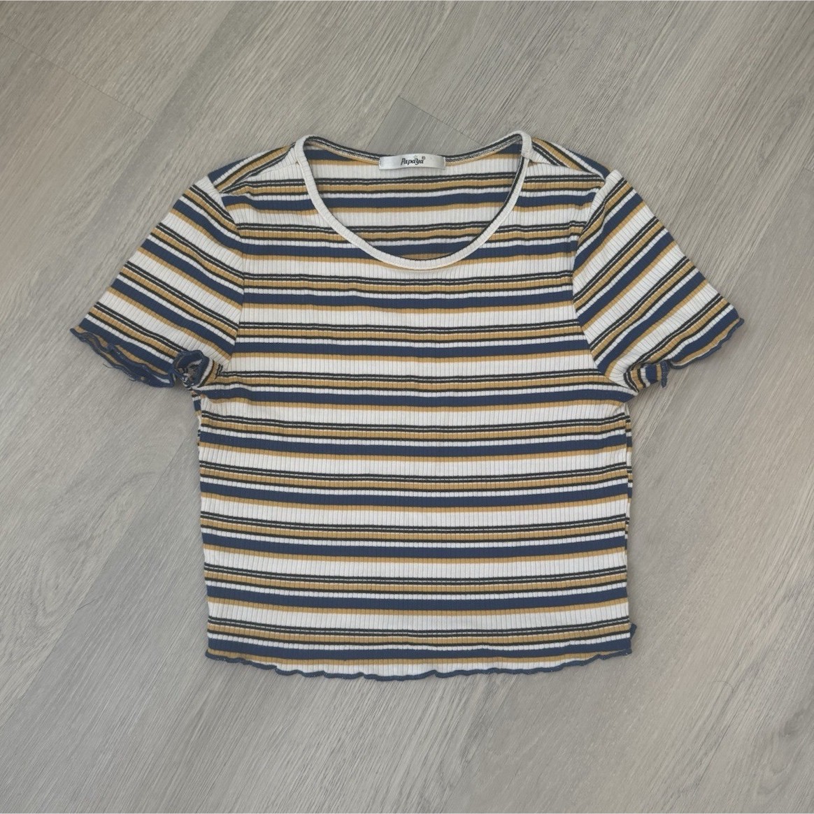 Papaya Women’s White Navy Striped Ribbed Knit Cropped Short Sleeve T-Shirt L