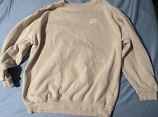 Nike Fleece Logo Crew Neck Pullover Sweatshirt Beige Kids Long Sleeve Size L