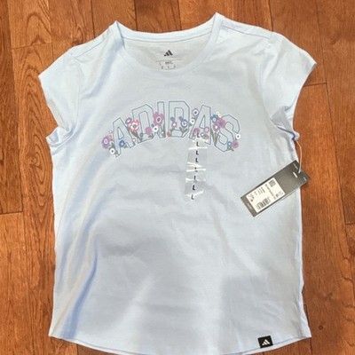 adidas Girls Light Blue Slim Fit Cap Sleeve T-Shirt Logo Floral Crew Neck L (14)