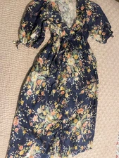 Zimmerman Zinnia Floaty Blue Floral Linen Dress Midi, Buttons, Size 2.