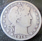 1914-S BARBER HALF DOLLAR, 90% SILVER, VG CONDITION, CIRCULATED NOT CLEANED