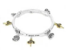 Tree Of Life Matthew 7:18 Two Tone Silver & Gold Plated Stretch Charm Bracelet