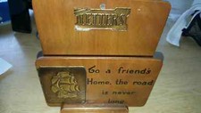 VINTAGE WOOD/BRASS LETTER RACK TO A FRIENDS HOME THE ROAD IS NEVER LONG SHIP DES