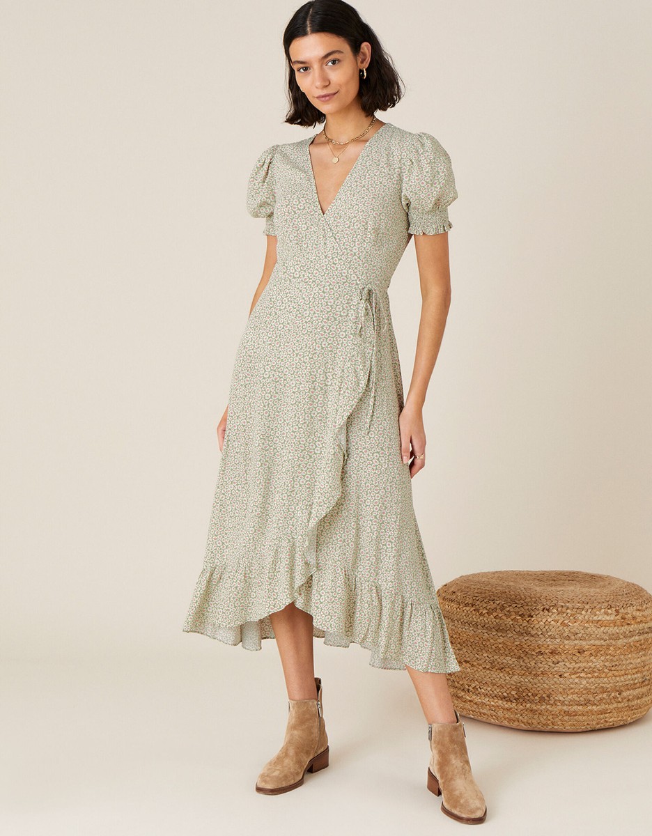 Monsoon Ditsy Daisy Print Wrap Dress Green Party Occasion UK 10