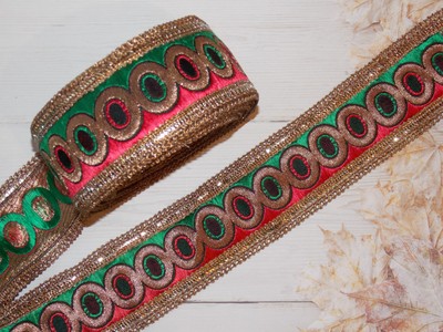 40mm green pink gold crystal embroidered ribbon applique trimming decor Indian