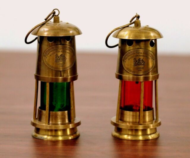 Set of 2 Heavy Marine Brass Green Minor Lamp Antique Ship Lantern Oil Lamp Decor