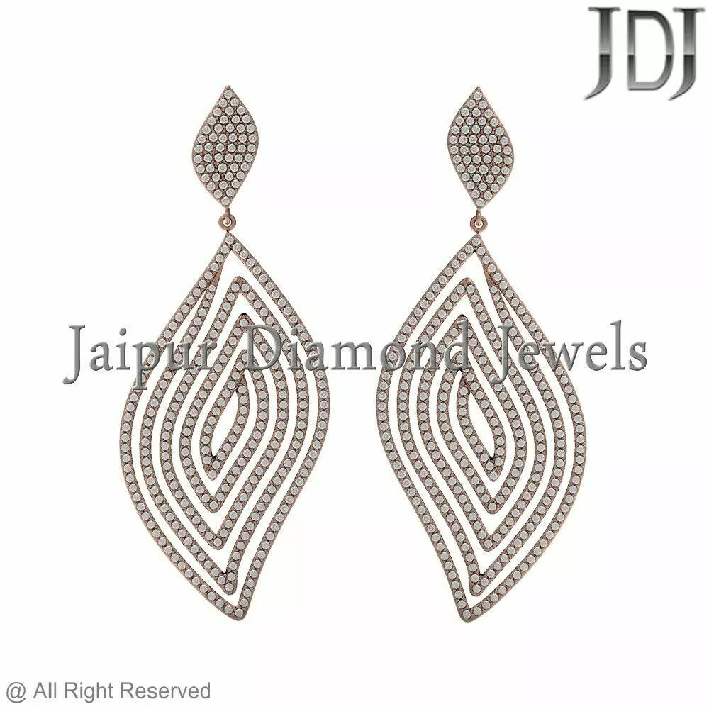 14k Rose Gold Natural White Diamond Pave Dangle Earrings Handmade