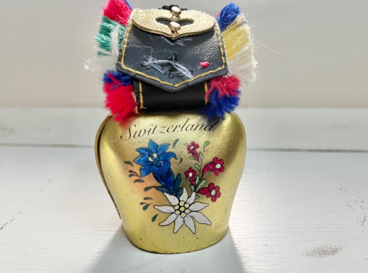 Vintage Swiss Cow Bell Switzerland Brass Leather Strap Fringe