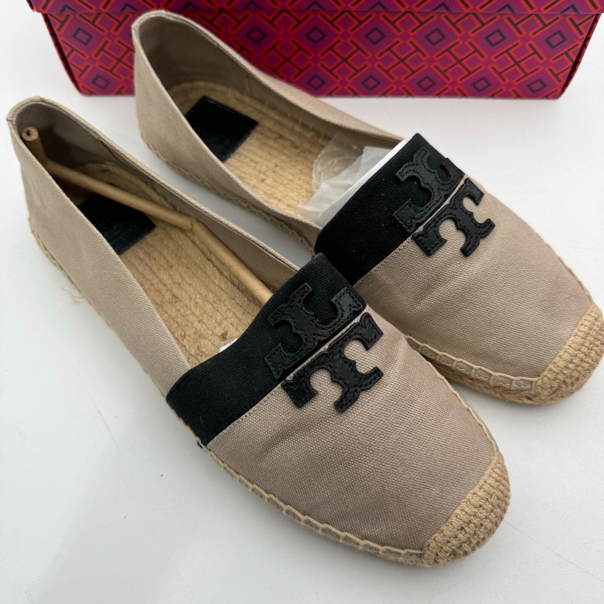TORY BURCH Weston Flat Espadrille Womens Sz 11 Natural Black Canvas Shoes  40034