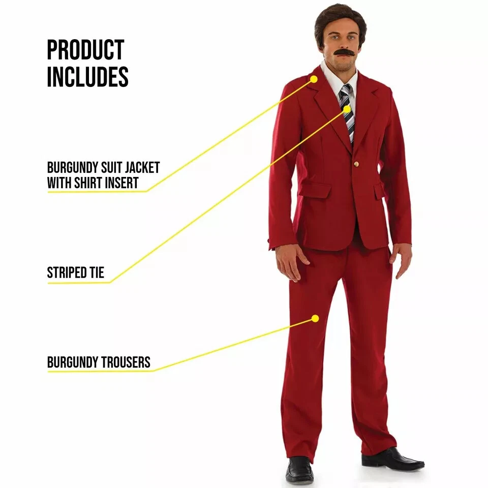 Hombre Lector de Noticias Disfraz Adulto Ron Borgoña Traje Años 70 Ancla Hombre Traje M L XL Foto 3 de 4