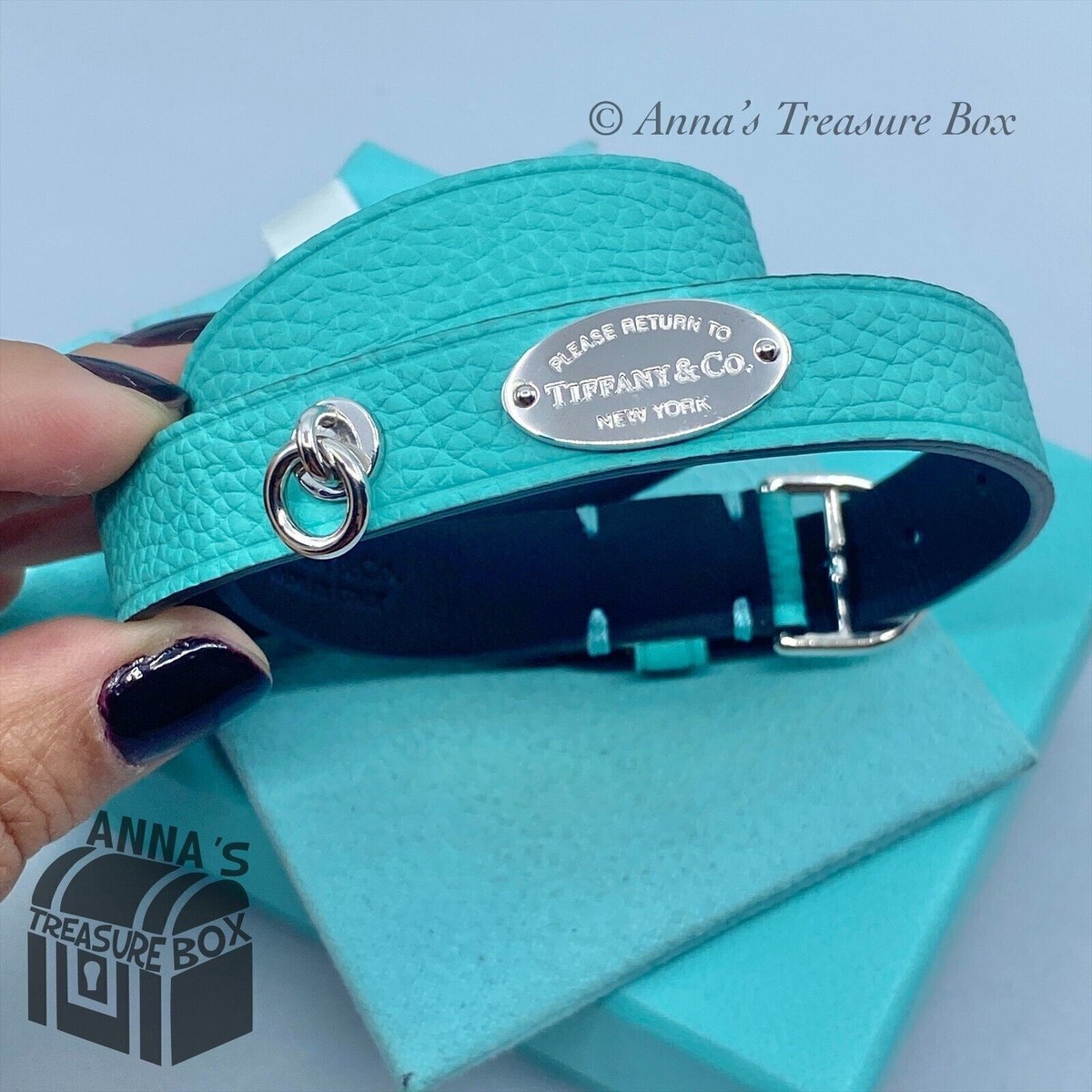 Tiffany & Co. 925 Silver Blue Leather Double Wrap Bracelet S-M
