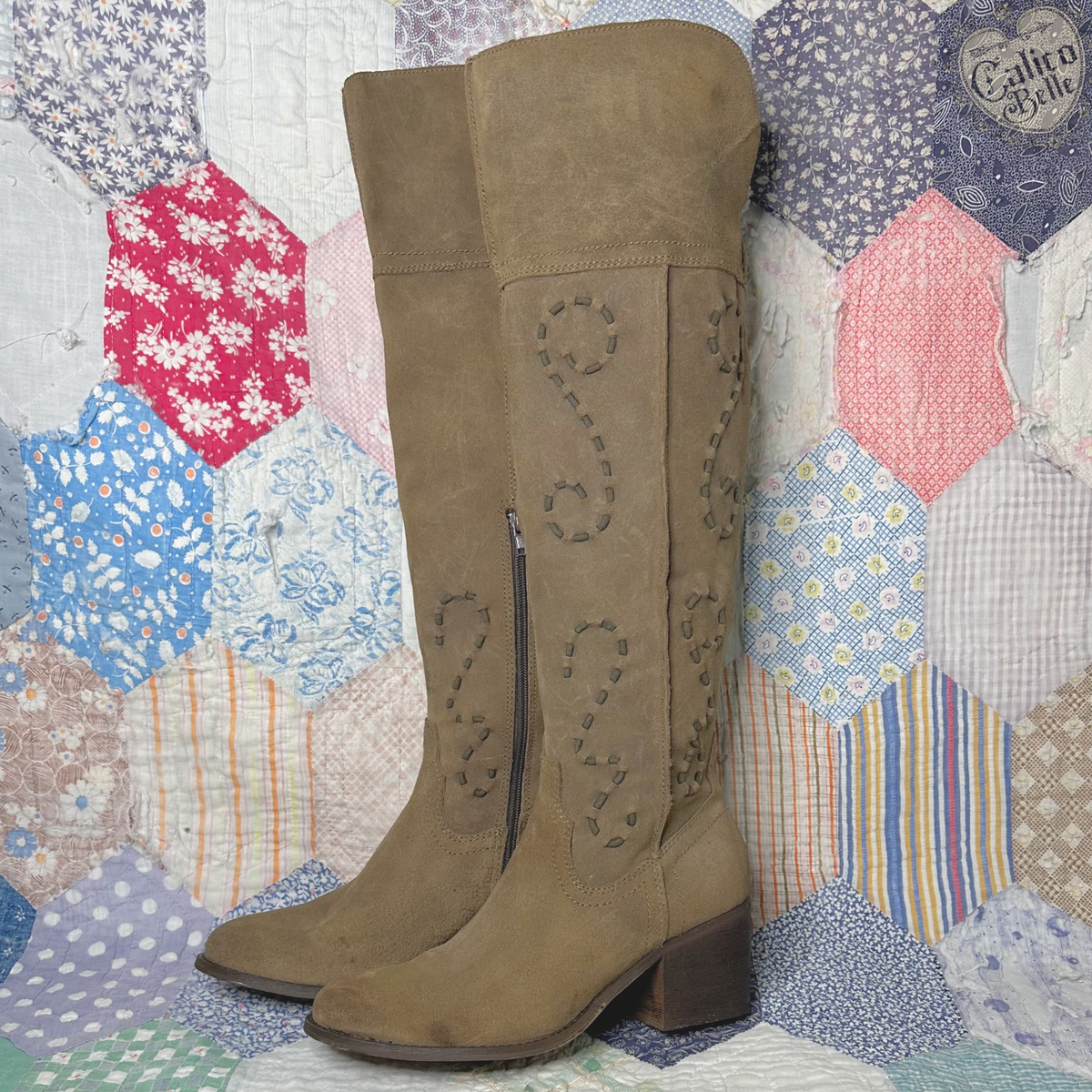 Carlos By Carlos Santana Noble Taupe Suede Western Over The Knee Boots Size 
