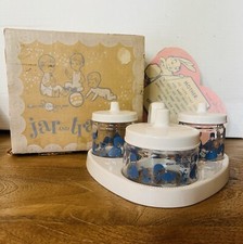 VINTAGE BLUE GLASCO ROUND THE CLOCK WITH BABY 3 JARS  TRAY SET WITH BOX
