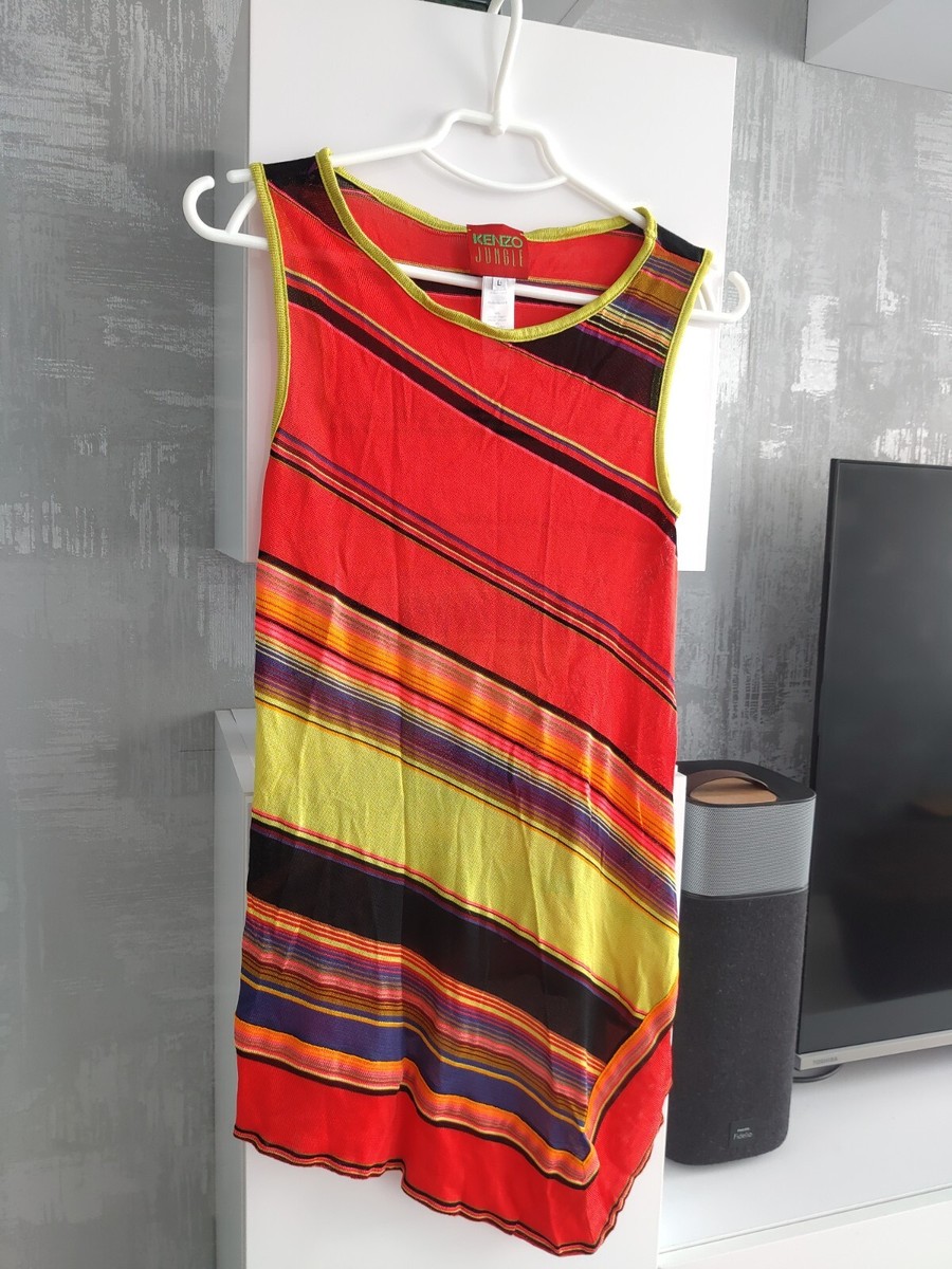 Kenzo Jungle Vintage Striped Multicolor Top Tank Shirt Dress Jersey  Sleeveless L