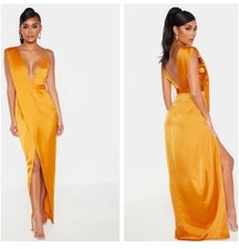 PrettylittlethingWomens New Asymmetric Drape Detail Maxi Dress mustard size US 8