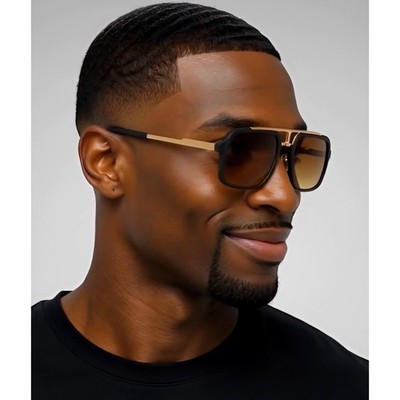 Mens Oversized Square Retro Sunglasses Matte Black Gold Gradient Brown Lenses