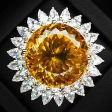 Luminous Golden Yellow Citrine Round 23.06Ct 925 Sterling Silver Rose Gold Rings