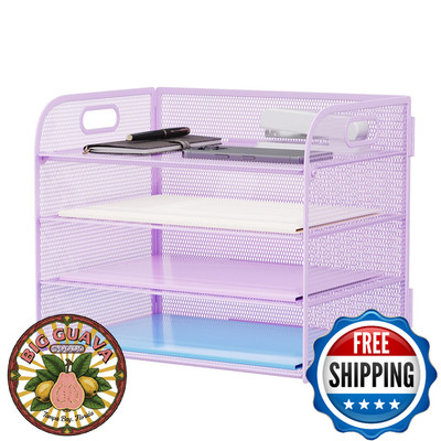 Marbrasse 4 Tier Mesh Desk File Organizer Letter Tray w/ Handle, Purple