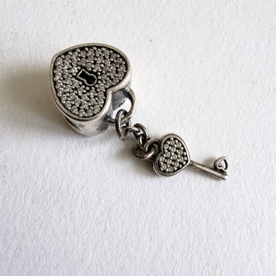 PANDORA Charm Bead Lock of Love Heart Key Pave Sterling Silver Retired