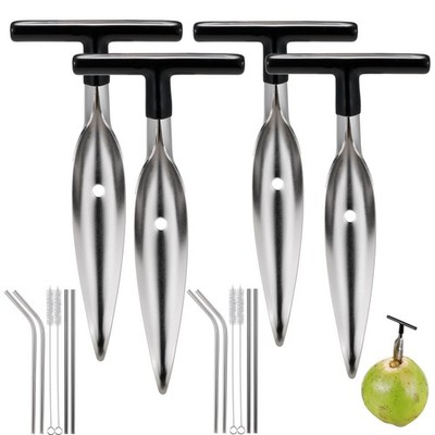 4 Pack Coconut Opener Tool with Straws and Brush for Young Thai Green Fresh
