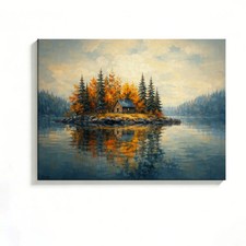 Lake Cabin Autumn Forest Canvas Painting 2D Flat Frameless Wall Art Home Decor
