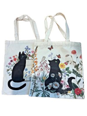 Lot 2 Black Cat Floral Canvas Tote Bags Reusable Shopper Cottagecore New